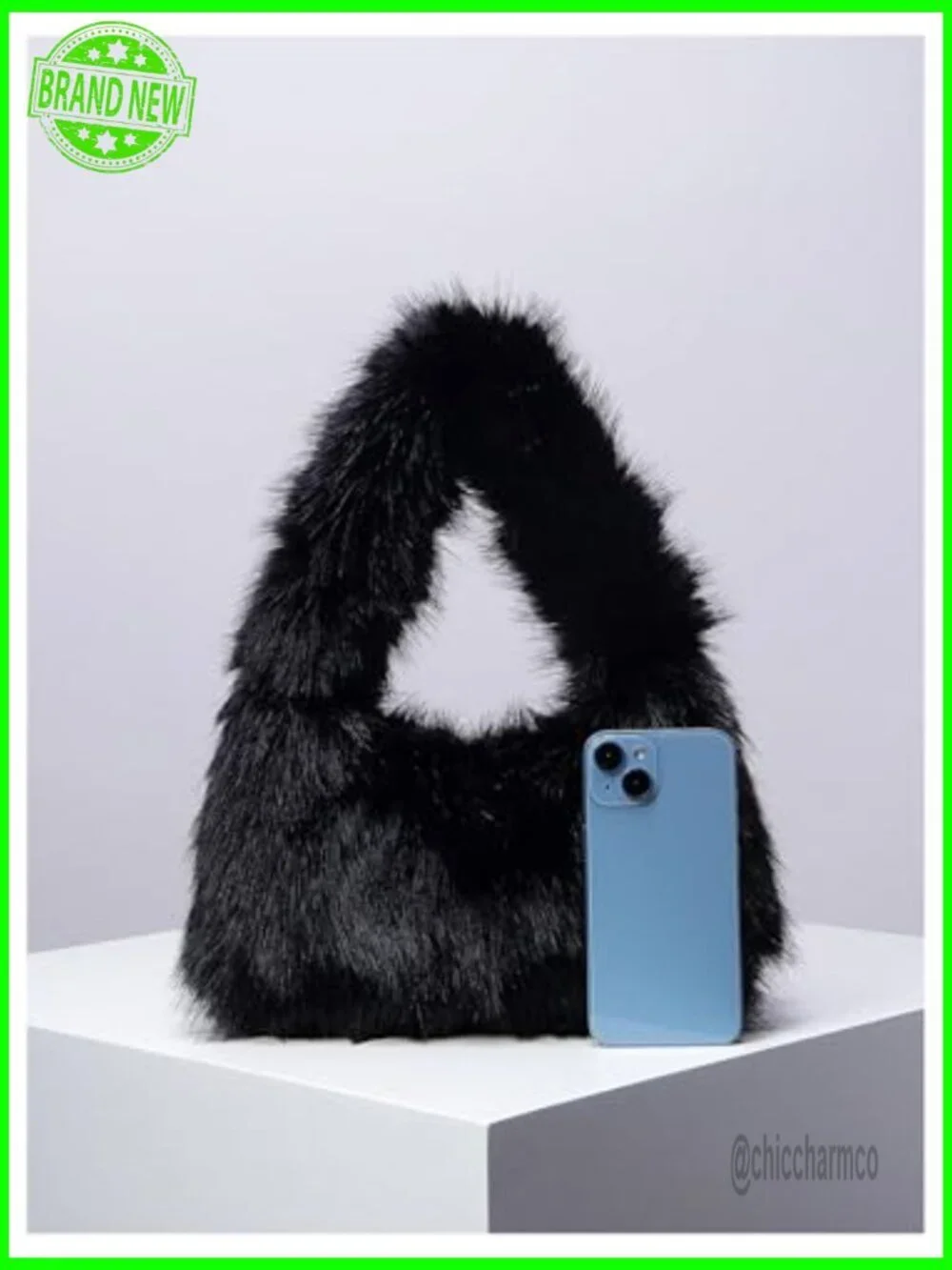 Faux Fur Plush Shoulder Bag Hobo Tote Crescent Shape Zipper Closure